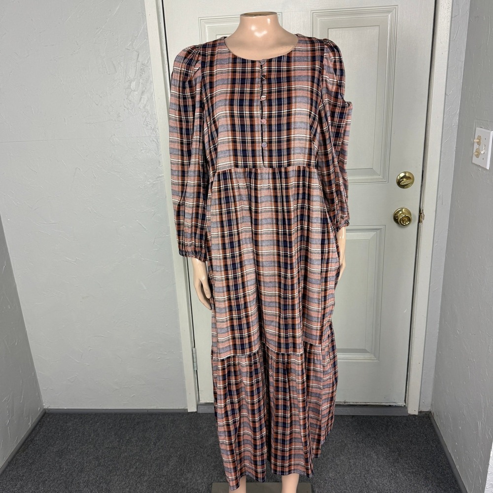 Frances Hart Women's Maternity Dress Medium Plaid Long Sleeve Cotton WW16
